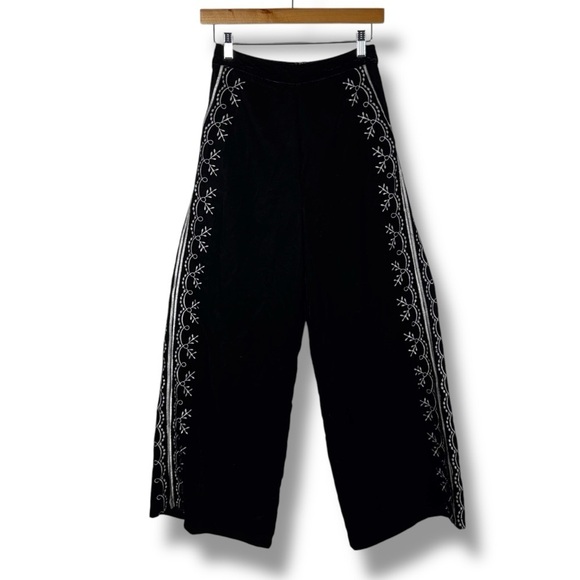 Sage The Label Zella Embroidered Velvet Wide Leg Pants, Black/White, Size Small - Picture 2 of 13